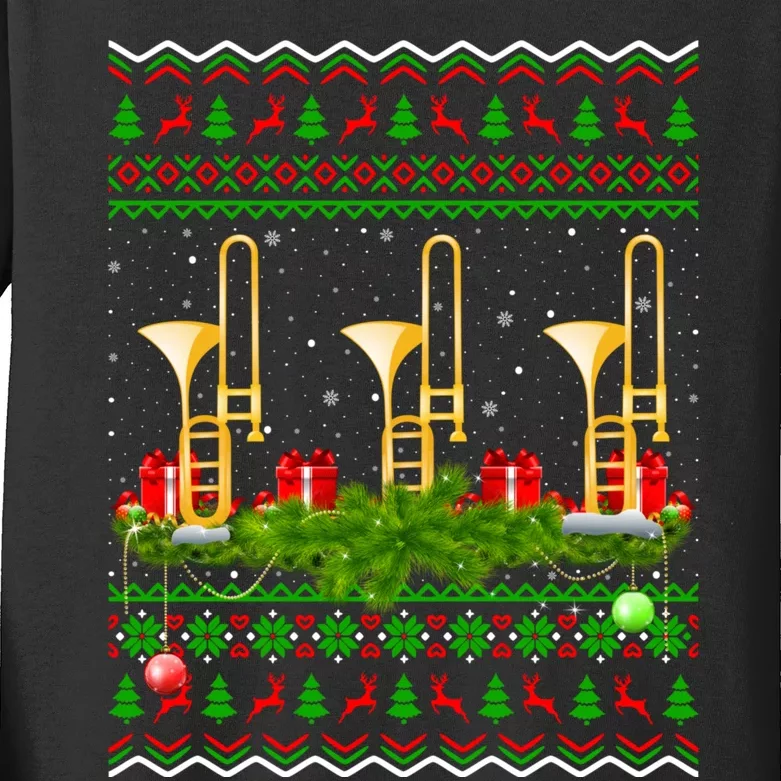 Trombone Music Player Xmas Gift Ugly Trombone Christmas Kids Long Sleeve Shirt