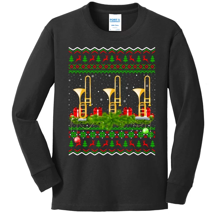 Trombone Music Player Xmas Gift Ugly Trombone Christmas Kids Long Sleeve Shirt