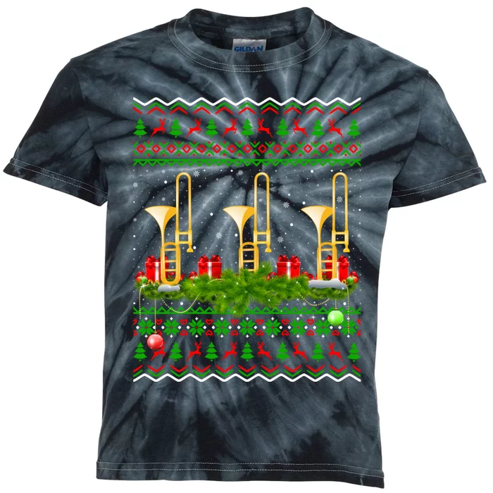 Trombone Music Player Xmas Gift Ugly Trombone Christmas Kids Tie-Dye T-Shirt