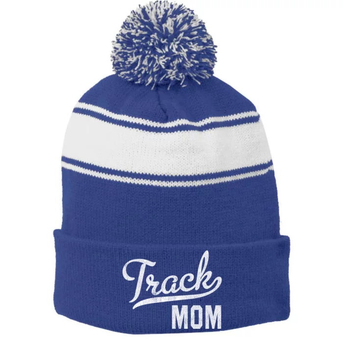 Track Mom Proud Track And Field Mom Gift Stripe Pom Pom Beanie