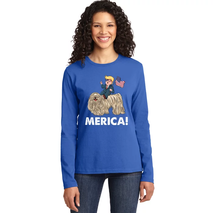 Trump Merica Riding A Puli Dog Patriotic 4th July Gift Ladies Long Sleeve Shirt