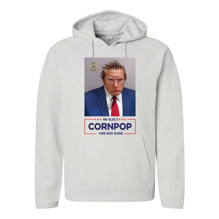 Trump Mugshot ReElect Cornpop One Bad Dude Performance Fleece Hoodie