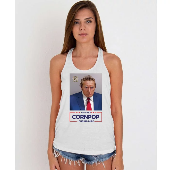 Trump Mugshot ReElect Cornpop One Bad Dude Women's Knotted Racerback Tank