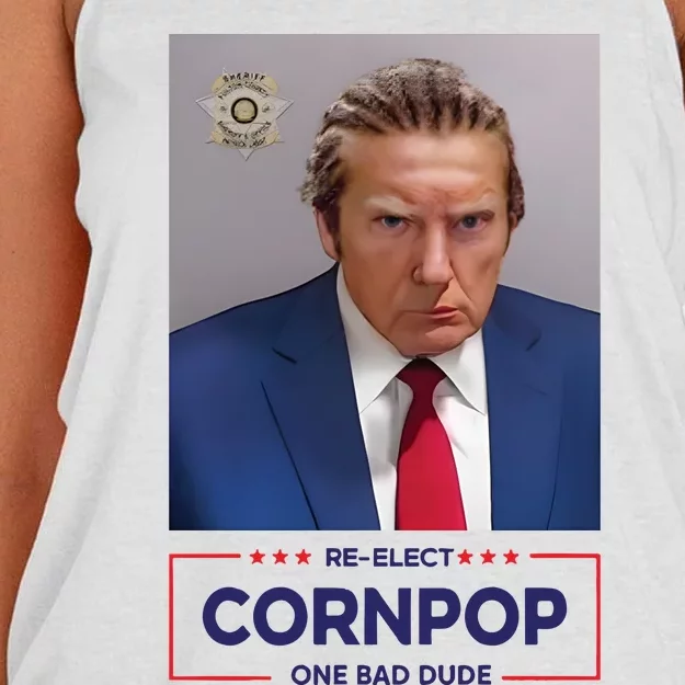 Trump Mugshot ReElect Cornpop One Bad Dude Women's Knotted Racerback Tank