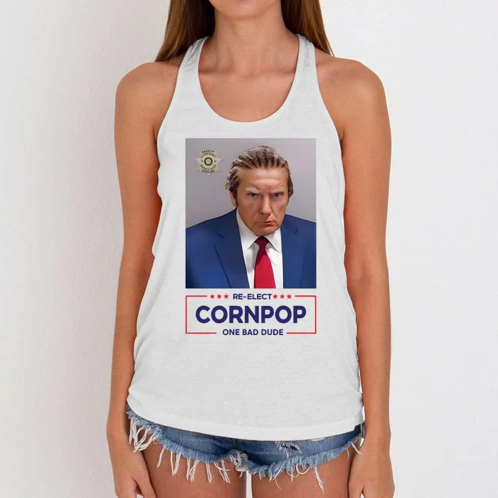 Trump Mugshot ReElect Cornpop One Bad Dude Women's Knotted Racerback Tank