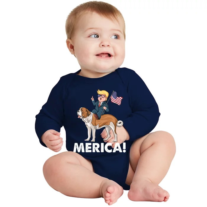 Trump Merica Riding A Saint Bernard Dog Patriotic 4th July Gift Baby Long Sleeve Bodysuit