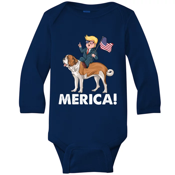 Trump Merica Riding A Saint Bernard Dog Patriotic 4th July Gift Baby Long Sleeve Bodysuit