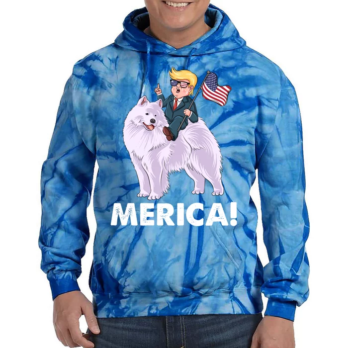 Trump Merica Riding A Samoyed Dog Patriotic 4th July Gift Tie Dye Hoodie