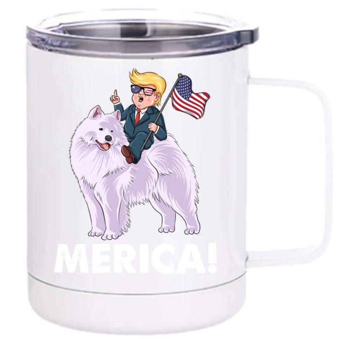 Trump Merica Riding A Samoyed Dog Patriotic 4th July Gift Front & Back 12oz Stainless Steel Tumbler Cup