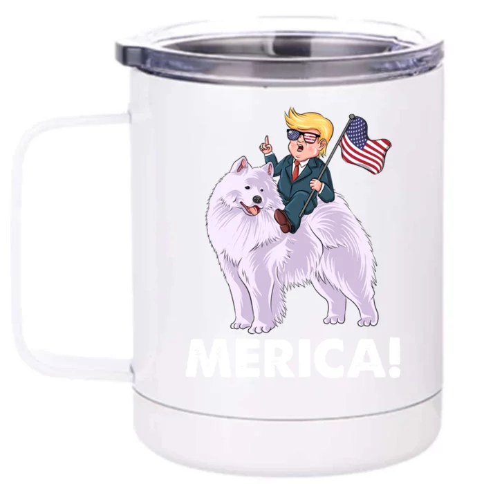 Trump Merica Riding A Samoyed Dog Patriotic 4th July Gift Front & Back 12oz Stainless Steel Tumbler Cup