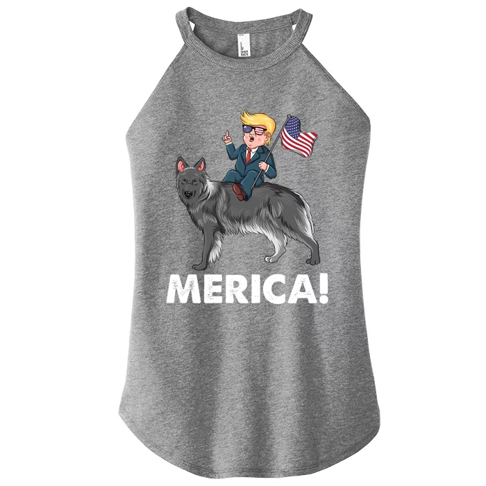 Trump Merica Riding A Shiloh Shepherd Dog Patriotic 4th July Meaningful Gift Women’s Perfect Tri Rocker Tank