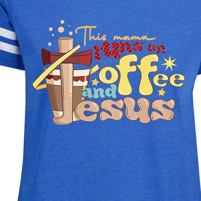 This Mom Runs On Coffee And Jesus Funny Enza Ladies Jersey Football T-Shirt