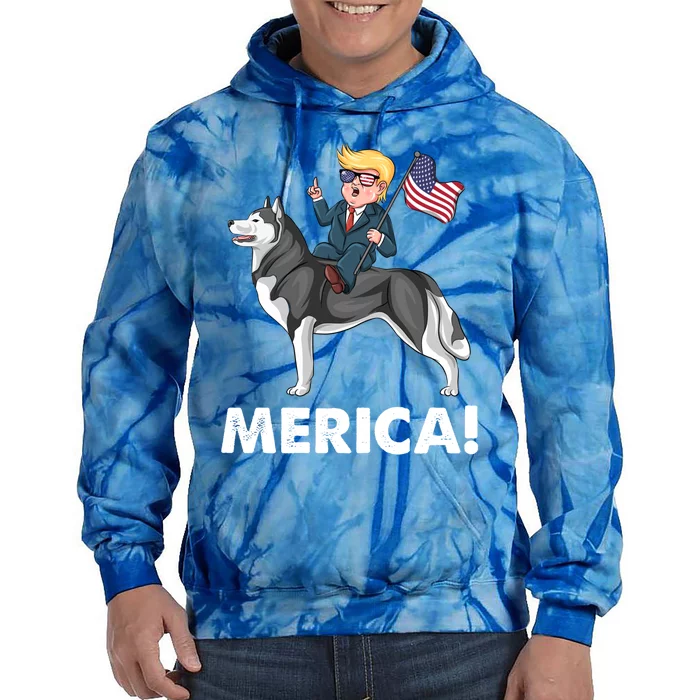 Trump Merica Riding A Siberian Husky Dog Patriotic 4th July Great Gift Tie Dye Hoodie