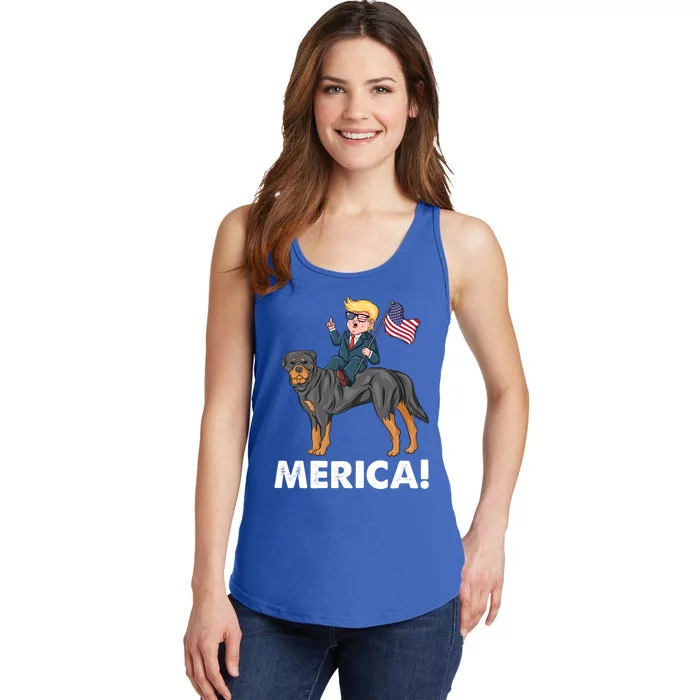 Trump Merica Riding A Rottweiler Dog Patriotic 4th July Great Gift Ladies Essential Tank