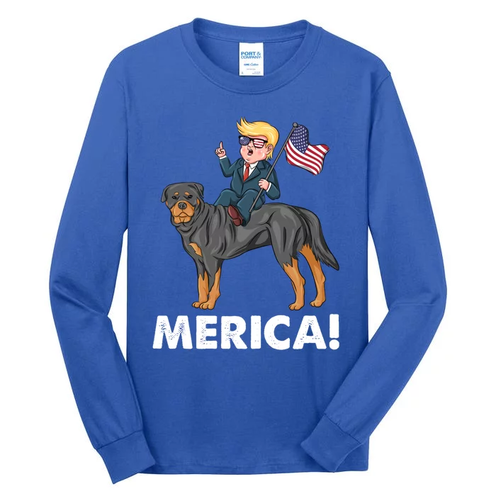 Trump Merica Riding A Rottweiler Dog Patriotic 4th July Great Gift Tall Long Sleeve T-Shirt