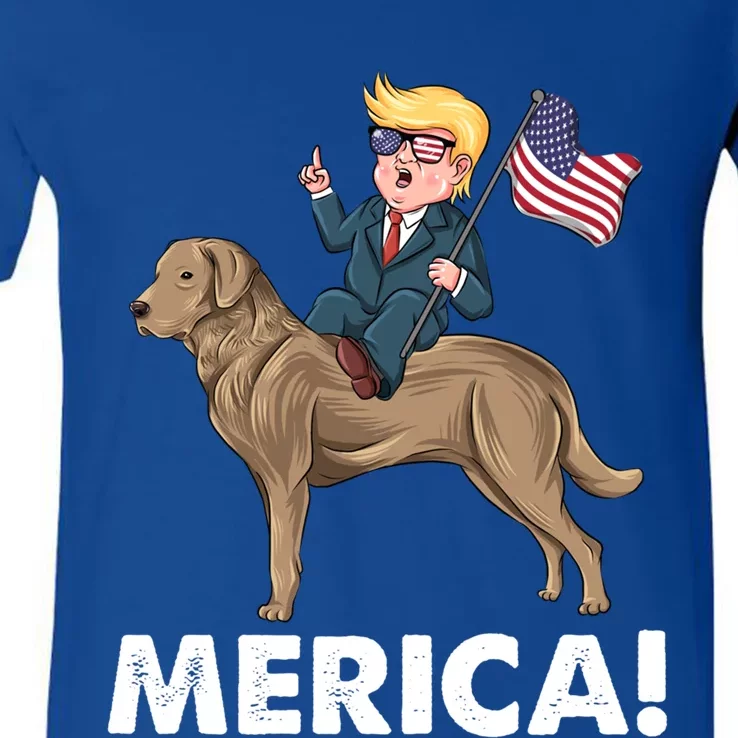 Trump Merica Riding A Chesapeake Bay Retriever Dog 4th July Cute Gift V-Neck T-Shirt