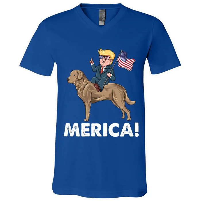 Trump Merica Riding A Chesapeake Bay Retriever Dog 4th July Cute Gift V-Neck T-Shirt