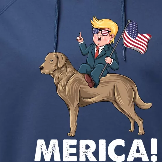 Trump Merica Riding A Chesapeake Bay Retriever Dog 4th July Cute Gift Performance Fleece Hoodie