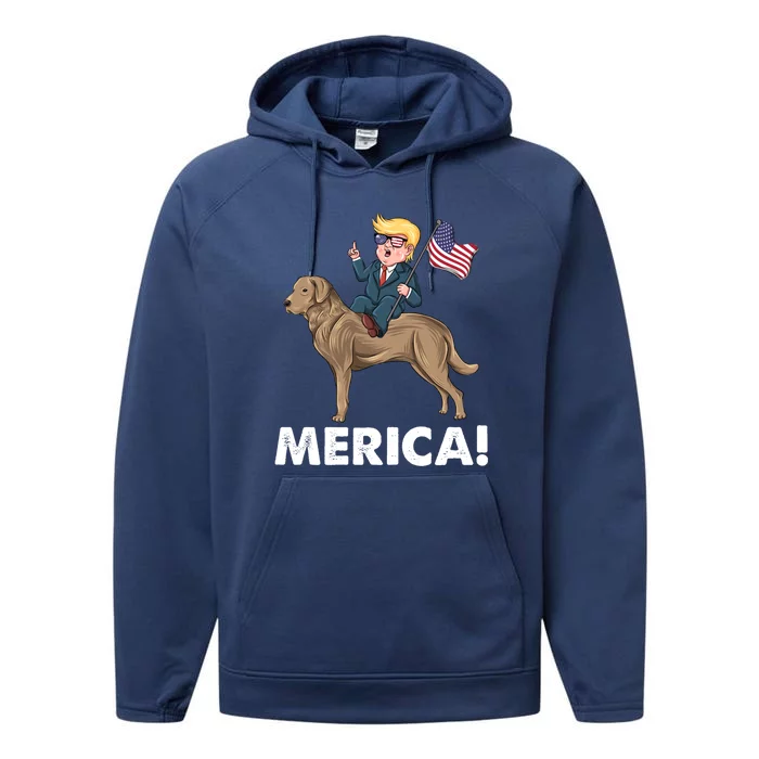 Trump Merica Riding A Chesapeake Bay Retriever Dog 4th July Cute Gift Performance Fleece Hoodie