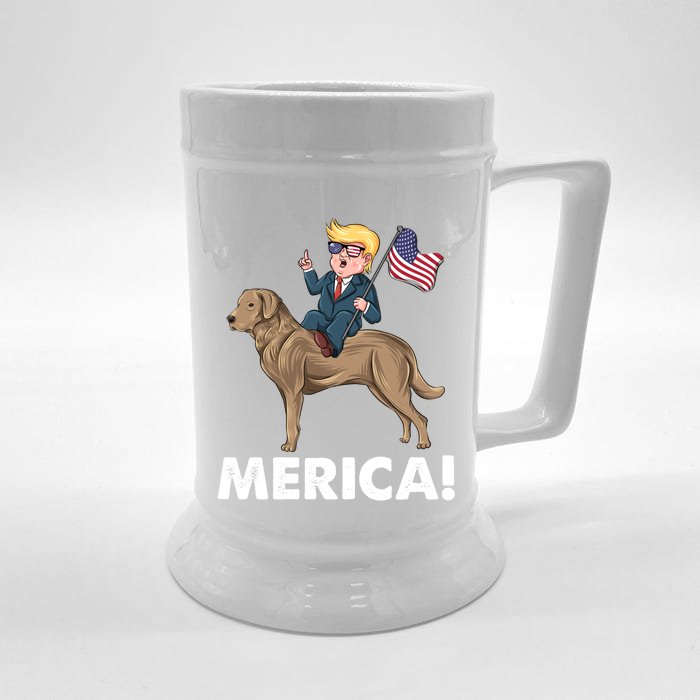 Trump Merica Riding A Chesapeake Bay Retriever Dog 4th July Cute Gift Front & Back Beer Stein