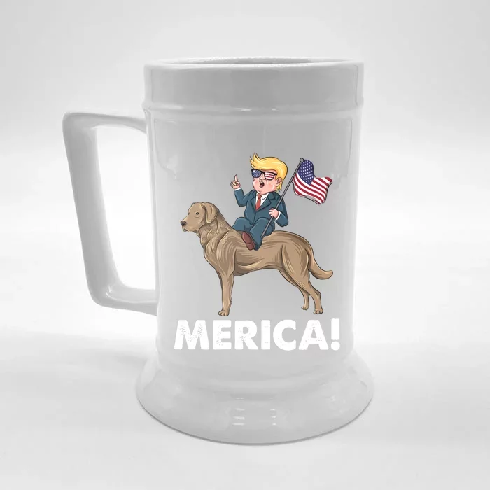 Trump Merica Riding A Chesapeake Bay Retriever Dog 4th July Cute Gift Front & Back Beer Stein