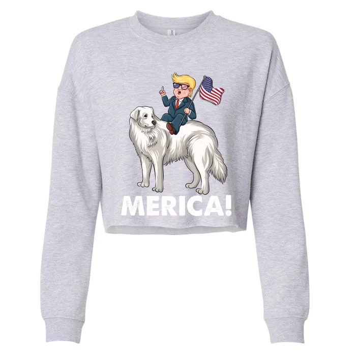 Trump Merica Riding A Kuvasz Dog Patriotic 4th July Funny Gift Cropped Pullover Crew