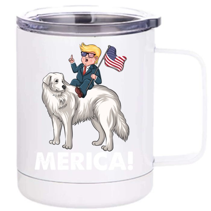 Trump Merica Riding A Kuvasz Dog Patriotic 4th July Funny Gift Front & Back 12oz Stainless Steel Tumbler Cup