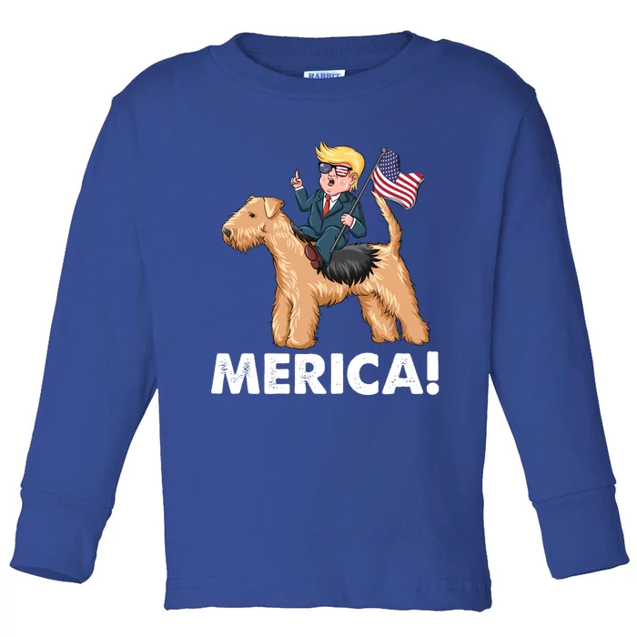 Trump Merica Riding A Lakeland Terrier Dog Patriotic 4th Gift Toddler Long Sleeve Shirt