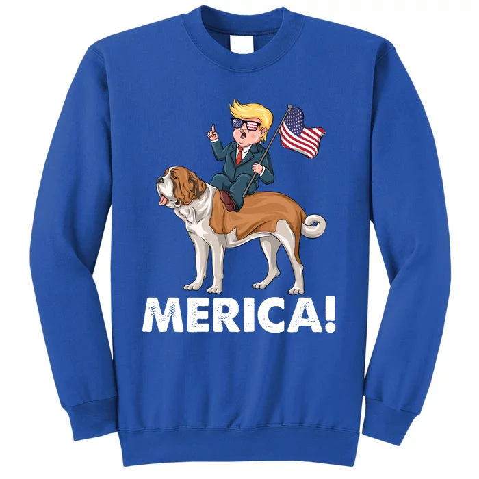 Trump Merica Riding A Saint Bernard Dog Patriotic 4th July Cute Gift Tall Sweatshirt