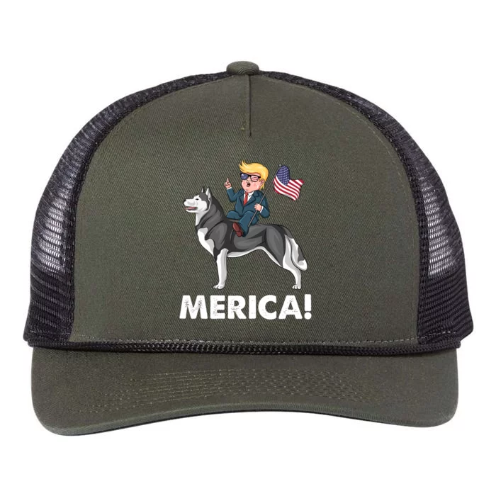 Trump Merica Riding A Siberian Husky Dog Patriotic 4th July Cool Gift Retro Rope Trucker Hat Cap