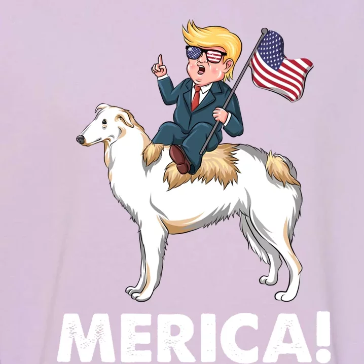 Trump Merica Riding A Borzoi Dog 4th July Cool Gift Garment-Dyed Sweatshirt