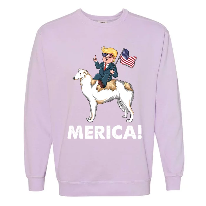 Trump Merica Riding A Borzoi Dog 4th July Cool Gift Garment-Dyed Sweatshirt