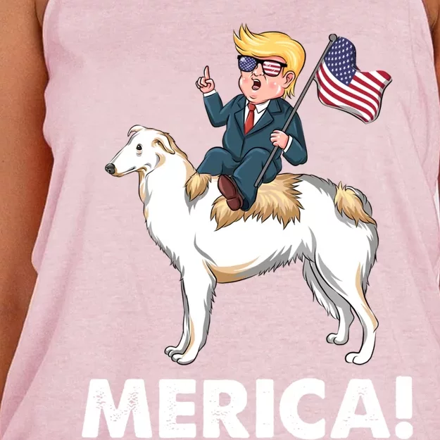 Trump Merica Riding A Borzoi Dog 4th July Cool Gift Women's Knotted Racerback Tank