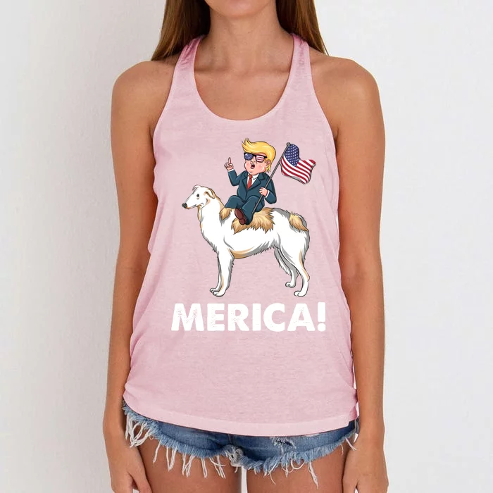 Trump Merica Riding A Borzoi Dog 4th July Cool Gift Women's Knotted Racerback Tank