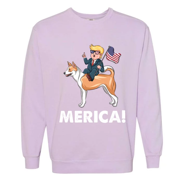 Trump Merica Riding A Canaan Dog 4th July Cute Gift Garment-Dyed Sweatshirt