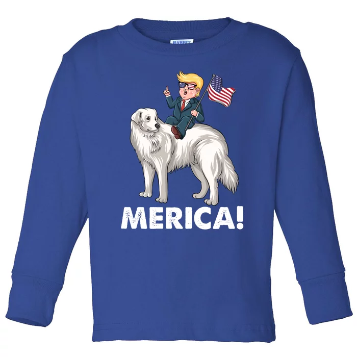 Trump Merica Riding A Kuvasz Dog Patriotic 4th July Funny Gift Toddler Long Sleeve Shirt