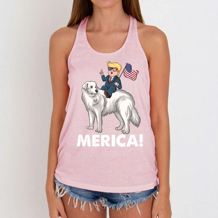 Trump Merica Riding A Kuvasz Dog Patriotic 4th July Funny Gift Women's Knotted Racerback Tank