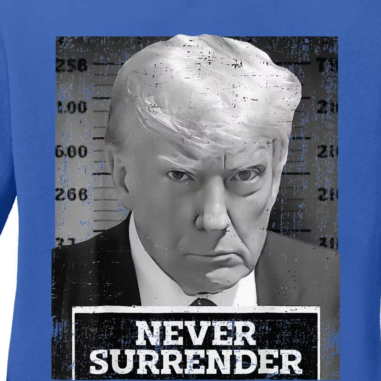 Trump Mug Shot Donald Trump Mug Shot Never Surrender Ladies Long Sleeve Shirt