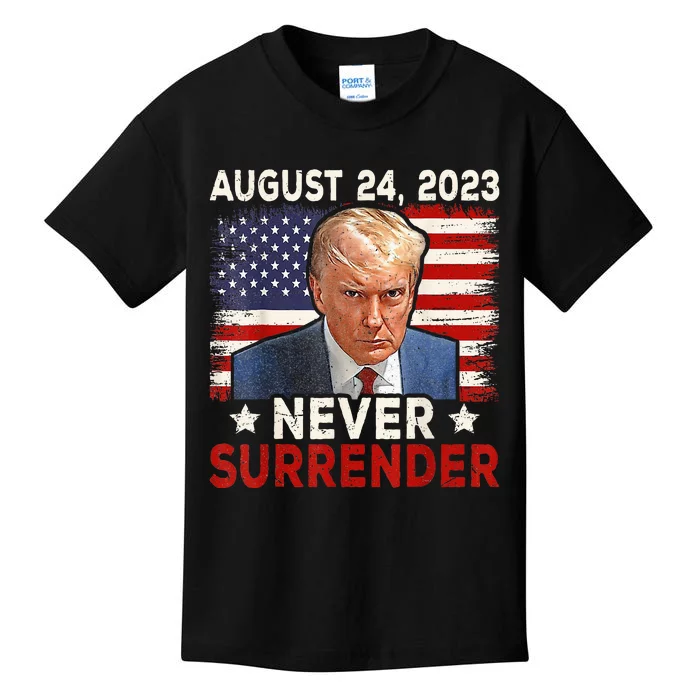 Trump Mug Shot Donald Trump Mug Shot Never Surrender Kids T-Shirt