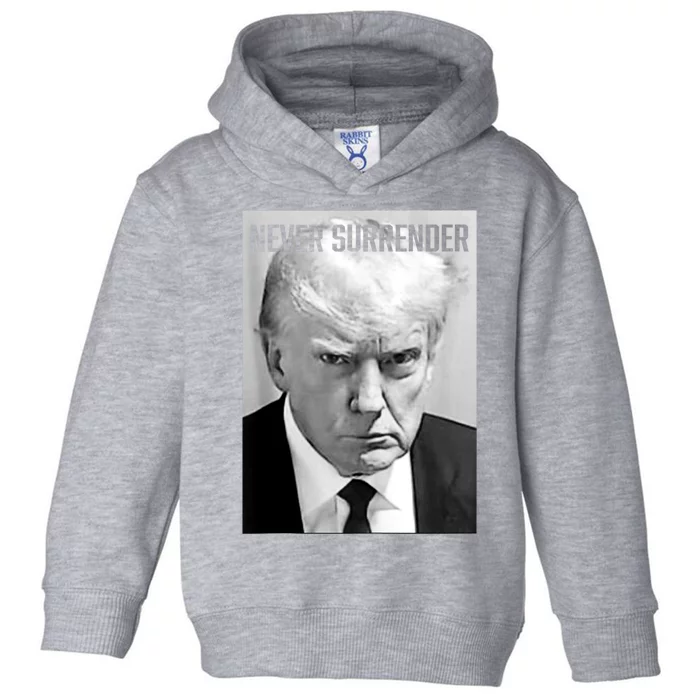 Trump Mug Shot Donald Trump Mug Shot Never Surrender Toddler Hoodie