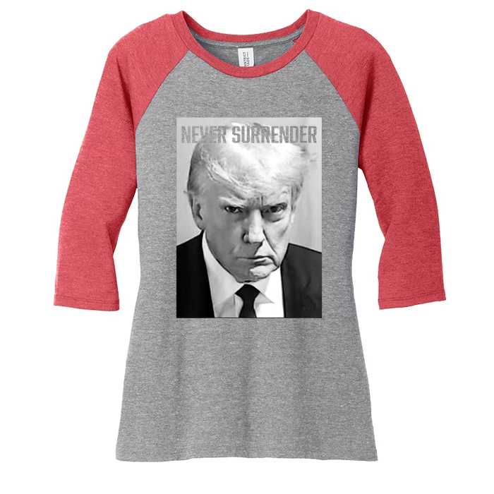 Trump Mug Shot Donald Trump Mug Shot Never Surrender Women's Tri-Blend 3/4-Sleeve Raglan Shirt