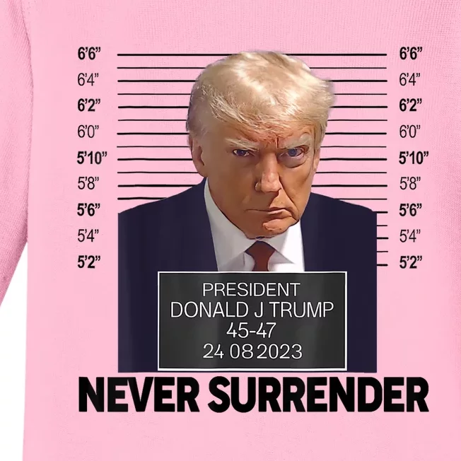 Trump Mug Shot Donald Trump Mug Shot Never Surrender Baby Long Sleeve Bodysuit