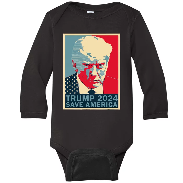 Trump Mug Shot 2024 Save America Trump Baby Long Sleeve Bodysuit