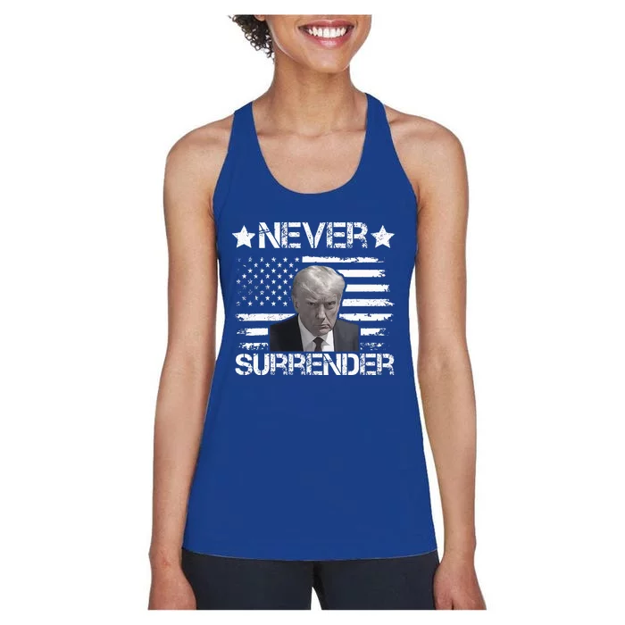 Trump Mug Shot Never Surrender President USA Flag Vintage Women's Racerback Tank