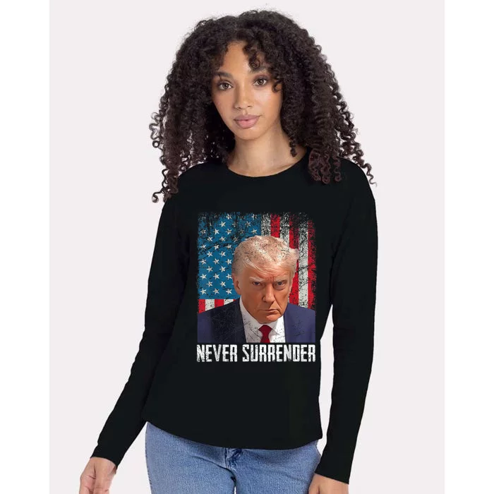 Trump Mug Shot Donald Trump Mug Shot Never Surrender Womens Cotton Relaxed Long Sleeve T-Shirt