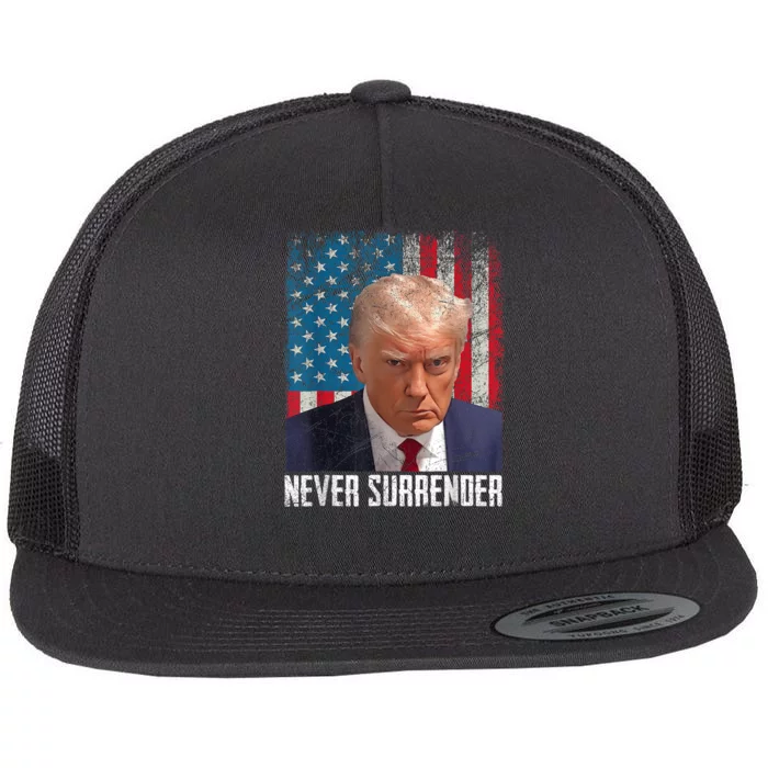 Trump Mug Shot Donald Trump Mug Shot Never Surrender Flat Bill Trucker Hat