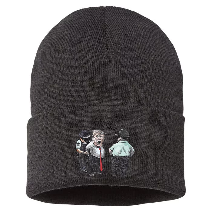 Trump Mug Shot Donald Trump Mug Shot Never Surrender Sustainable Knit Beanie