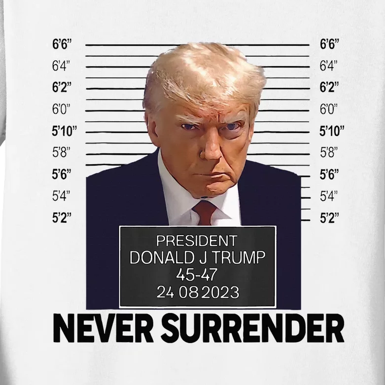 Trump Mug Shot Donald Trump Mug Shot Never Surrender Kids Long Sleeve Shirt