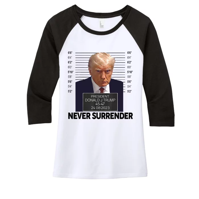 Trump Mug Shot Donald Trump Mug Shot Never Surrender Women's Tri-Blend 3/4-Sleeve Raglan Shirt