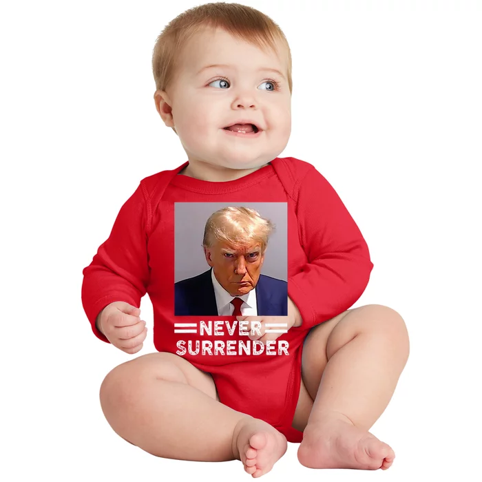 Trump Mug Shot Never Surrender Trump Vote 2024 Baby Long Sleeve Bodysuit